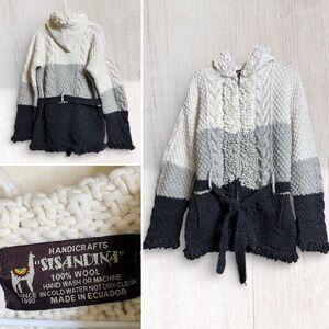 Wool Sweater Jacket Sisandina Hooded Handmade Ecuador size small
